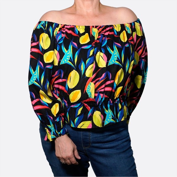 Tabitha Brown Tops - Tabitha Brown Tropical Lemon Fruit Off-the-Shoulder Blouse 1X XL Summer Chic